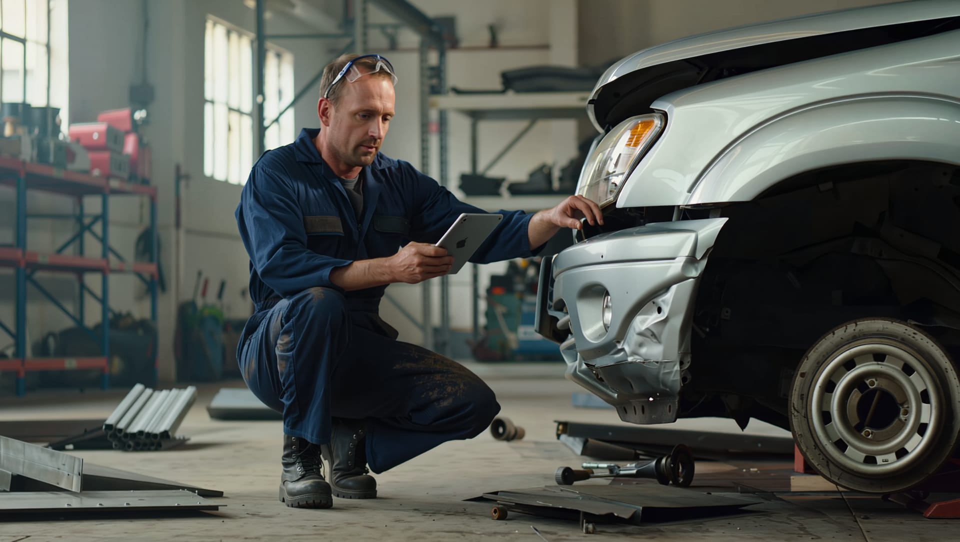 Technician with a tablet assessing front-end collision damage on an SUV