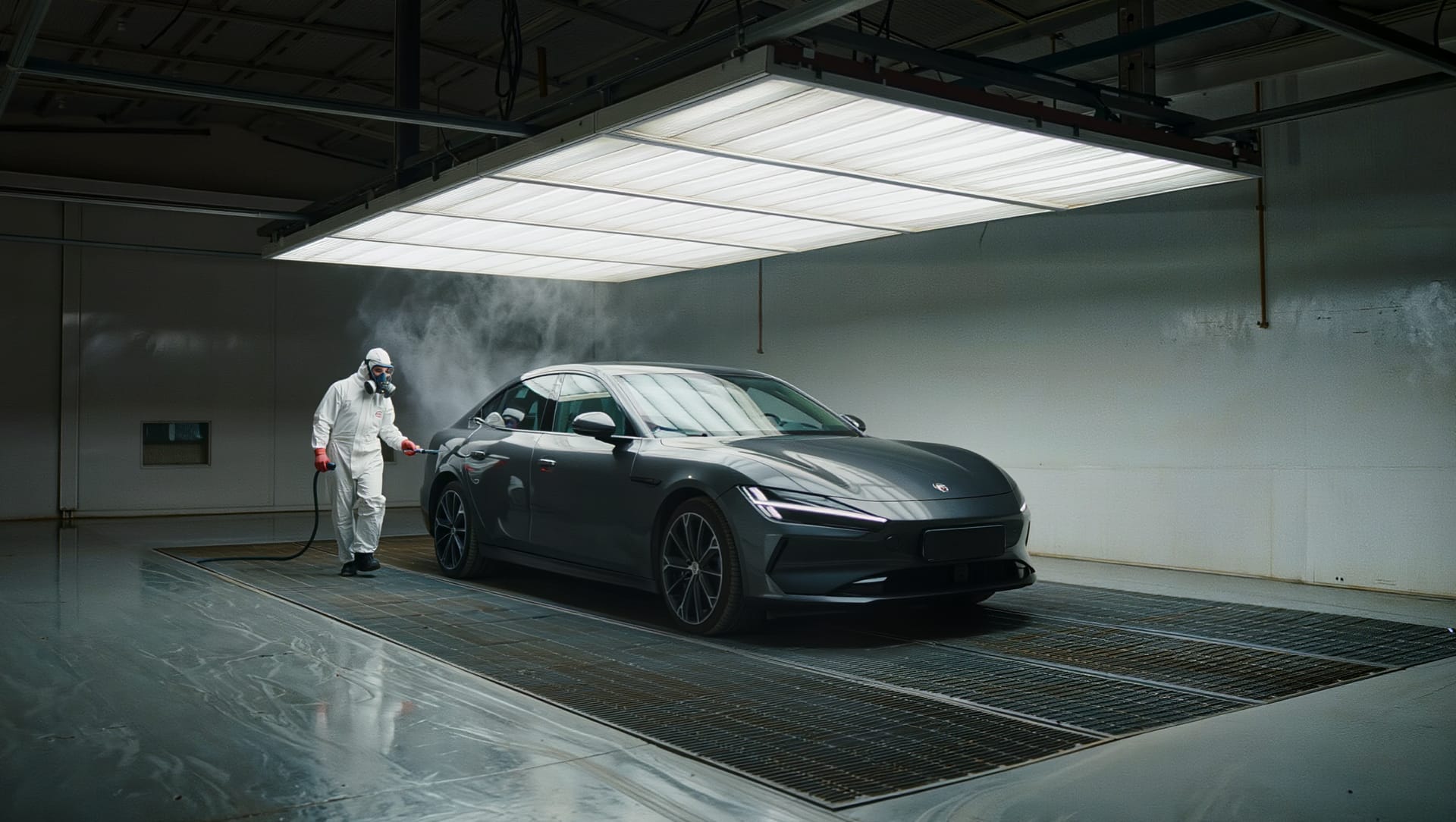 Painter finishing a car inside the spray booth