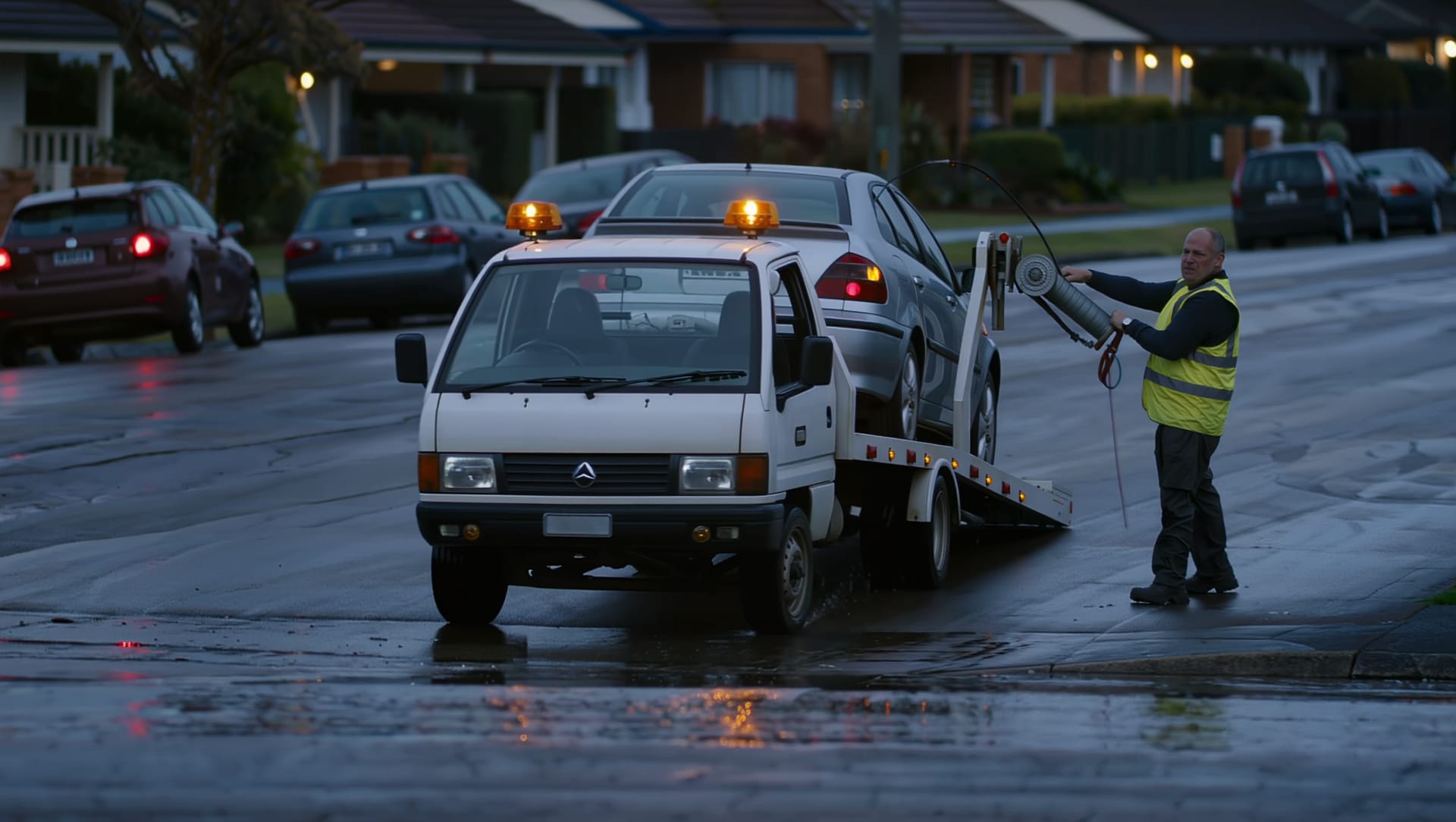 Tilt-tray tow truck loading a crash-damaged car at dusk
